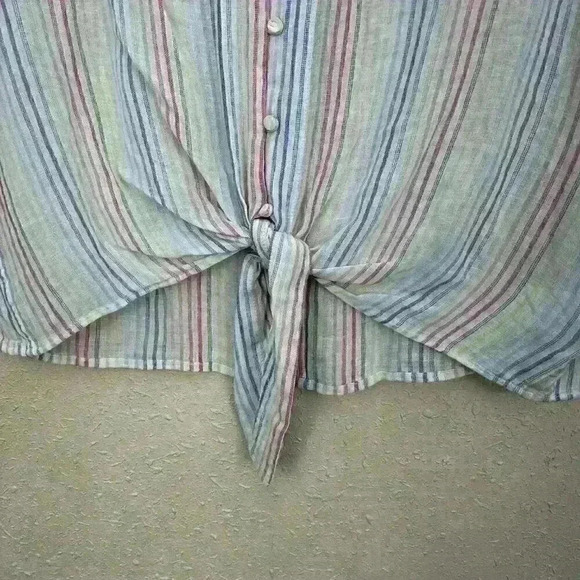 Rails Womens Small Blouse S/S Woven Button V Neck Stripe Pink Blue Green TC1 - Picture 3 of 7